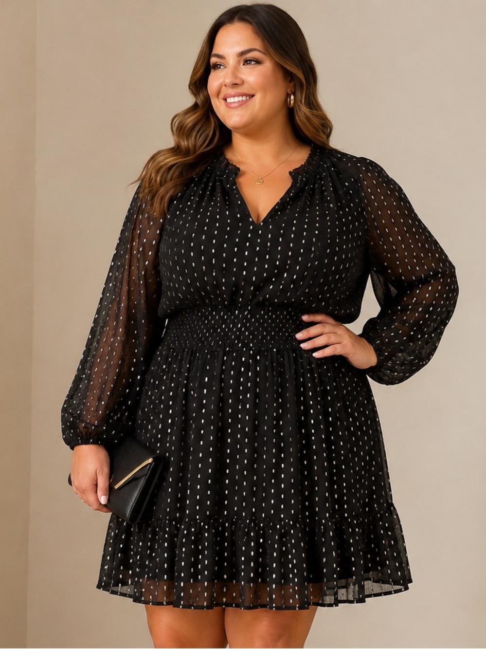 Old Navy Plus 2X Black Metallic Swiss Dot Smocked Waist Mini Dress